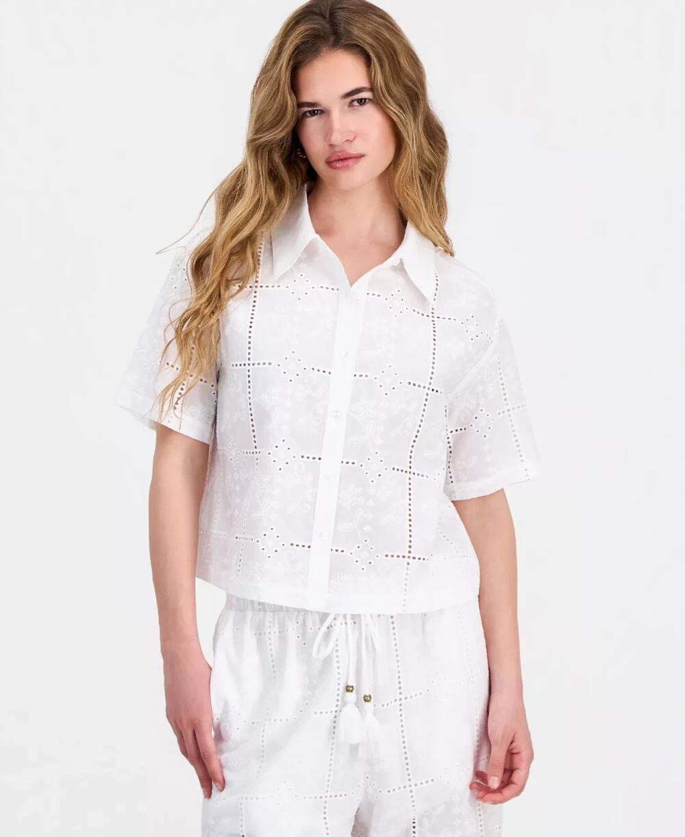 And Now This Petite Cotton Embroidered Eyelet Camp Shirt White Size PSM 3796